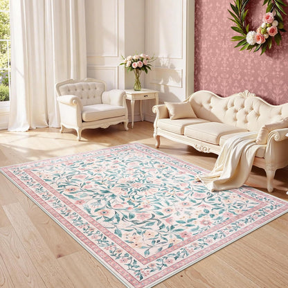 Collive Pink 5x7 Floral Area Rug, Machine Washable Rug for Bedroom Girls, Boho Non Slip Soft Ultra Thin Throw Indoor Rugs for Living Room Nursery Kids Playroom Dining Dorm