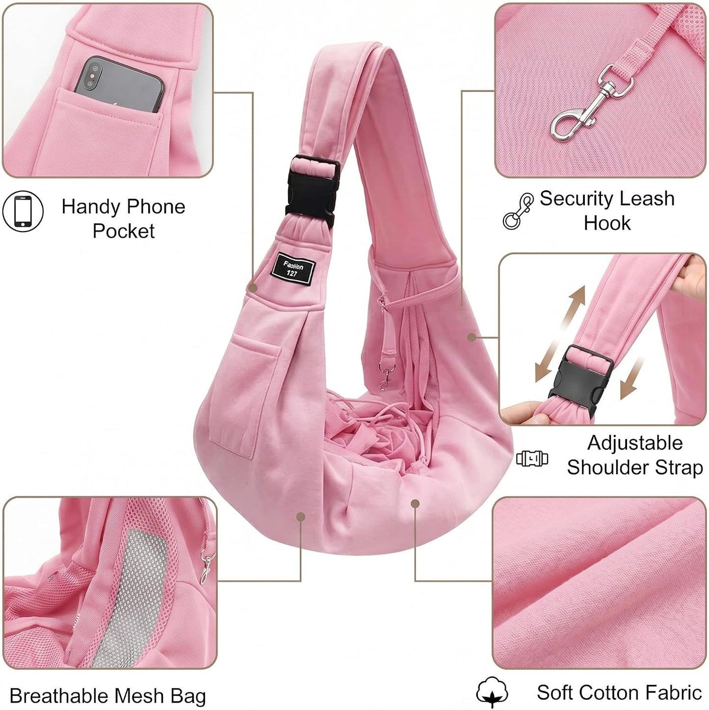 Adjustable Dog Carrier Sling, Hands-Free Pet Shoulder Bag for Small Dogs and Cats, Puppy Carrier Purse for Pet, Travel Safety Essentials (Pink)
