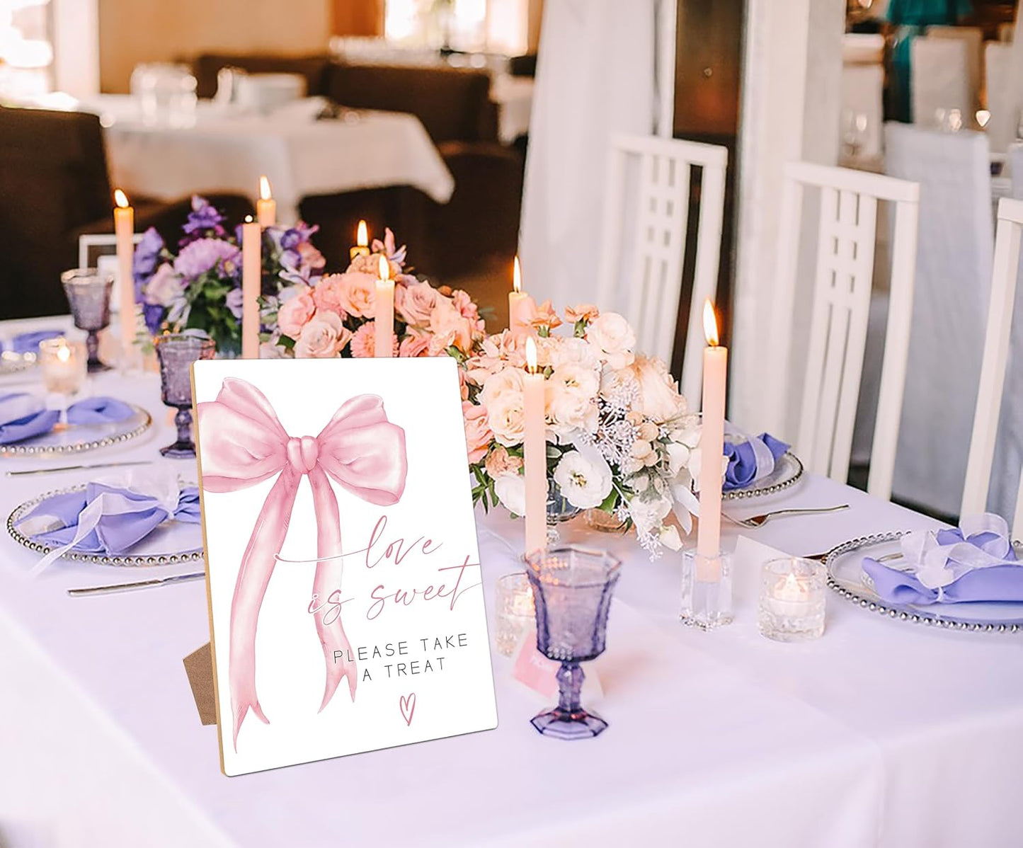 Pink Bow Theme Wooden Wedding Signs, Love is Sweet Sign, Bridal Shower Centerpieces for Tables, Couples Wedding Shower Decorations, Table Decor for Engagement, Proposal and Anniversary, 12