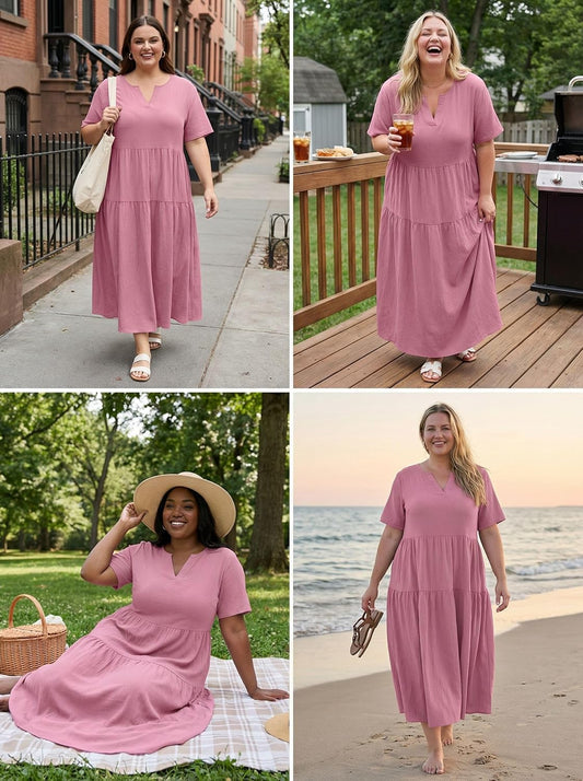OLRIK Plus Size Maxi Dresses for Curvy Women - Flowy Boho Summer Dress with Pockets, V-Neck Short Sleeve for Beach Vacation