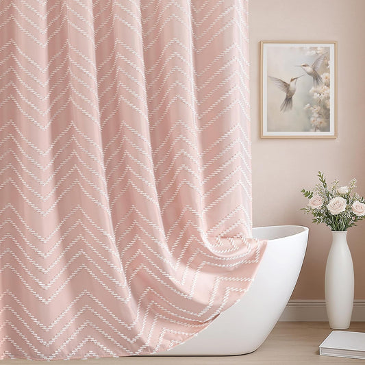 Extra Long Blush Pink Boho Shower Curtain Cute Shower Curtain Textured Tufted Chevron Striped Minimalist 72 x 84