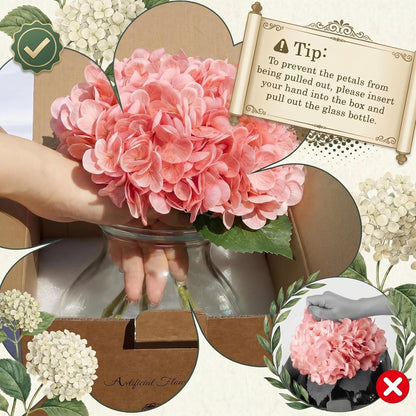 Hydrangea Artificial Flowers with Vase, Real Touch Latex Fake Hydrangeas Spring Stem Leaves Bouquet with Faux Water, Realistic Faux Flower for Home Office Bedroom Table Centerpiece Decor Pink