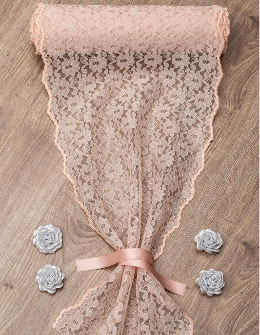 Blush Pink Lace Table Runner 12 inches x 110 inches for Classy, Vintage and Boho Wedding and Reception Decorations