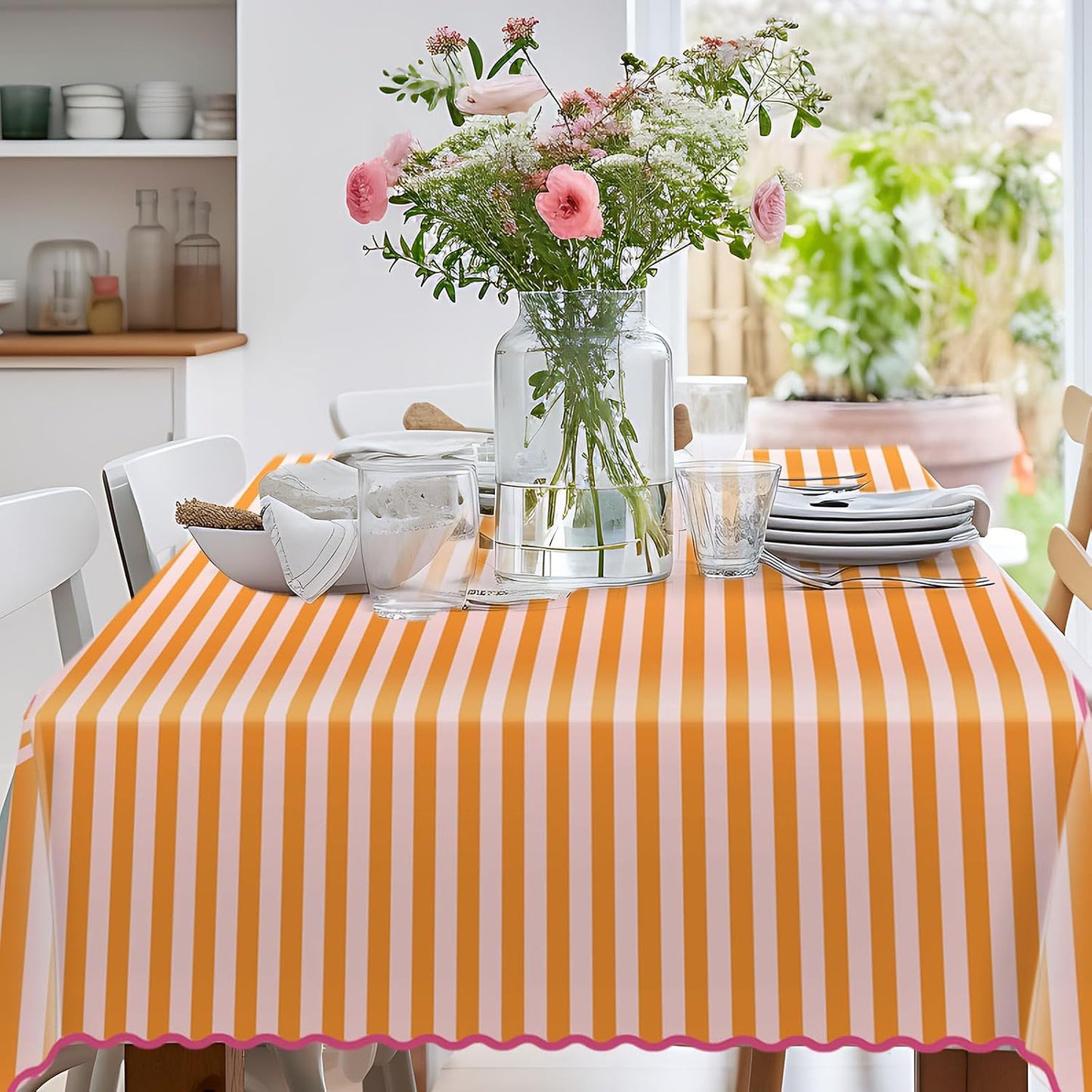 Whaline Scalloped Edge Tablecloth, Orange Pink Striped, 55 x 70 Inch | Waterproof Fabric Tablecloth, Rectangle Table Cover, for Home Kitchen Table Decoration