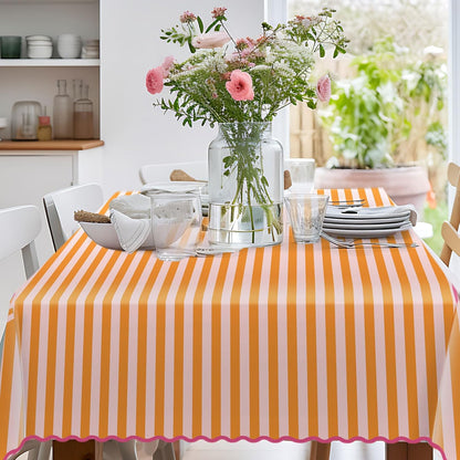 Whaline Scalloped Edge Tablecloth, Orange Pink Striped, 55 x 70 Inch | Waterproof Fabric Tablecloth, Rectangle Table Cover, for Home Kitchen Table Decoration