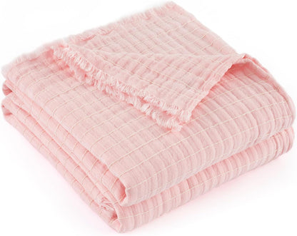 Muslin Throw Blanket for Bed 100% Cotton Gauze Fall Blankets Lightweight Soft Cozy Breathable Summer Throws for Adults All Seasons Use,90"x90" Queen Size Pink