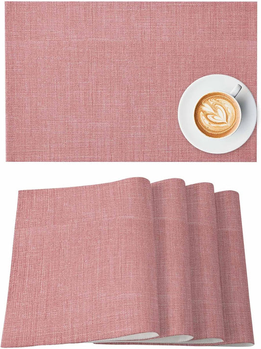 Vintage Peach Pink Placemats for Dining Table Set of 8, Farmhouse Retro Solid Color Linen Texture Cotton Linen Cloth for Square/Rectangle/Round Table Mat Placemat, Kitchen Dinner Holiday Décor