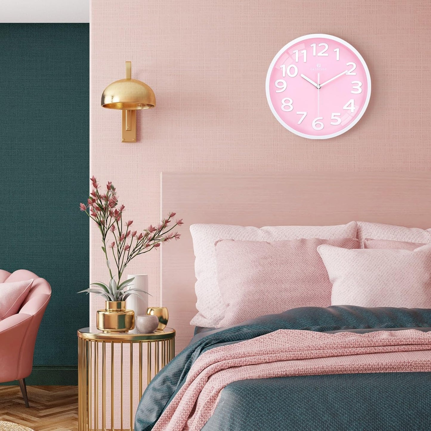 Lafocuse 12 Inch Silent 3D Numbers Pink Wall Clock Girls Bedroom, Battery Operated Pink Clock Wall for Living Room Decor