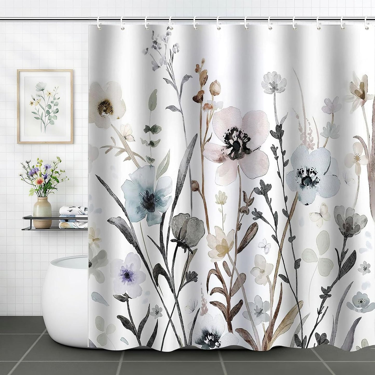 Grey Pink Blue Floral Shower Curtain Watercolor Flower Shower Curtains for Bathroom Waterproof Polyester Fabric Bathroom Curtain 72 x 72 Inch with 12 Plastic Hook