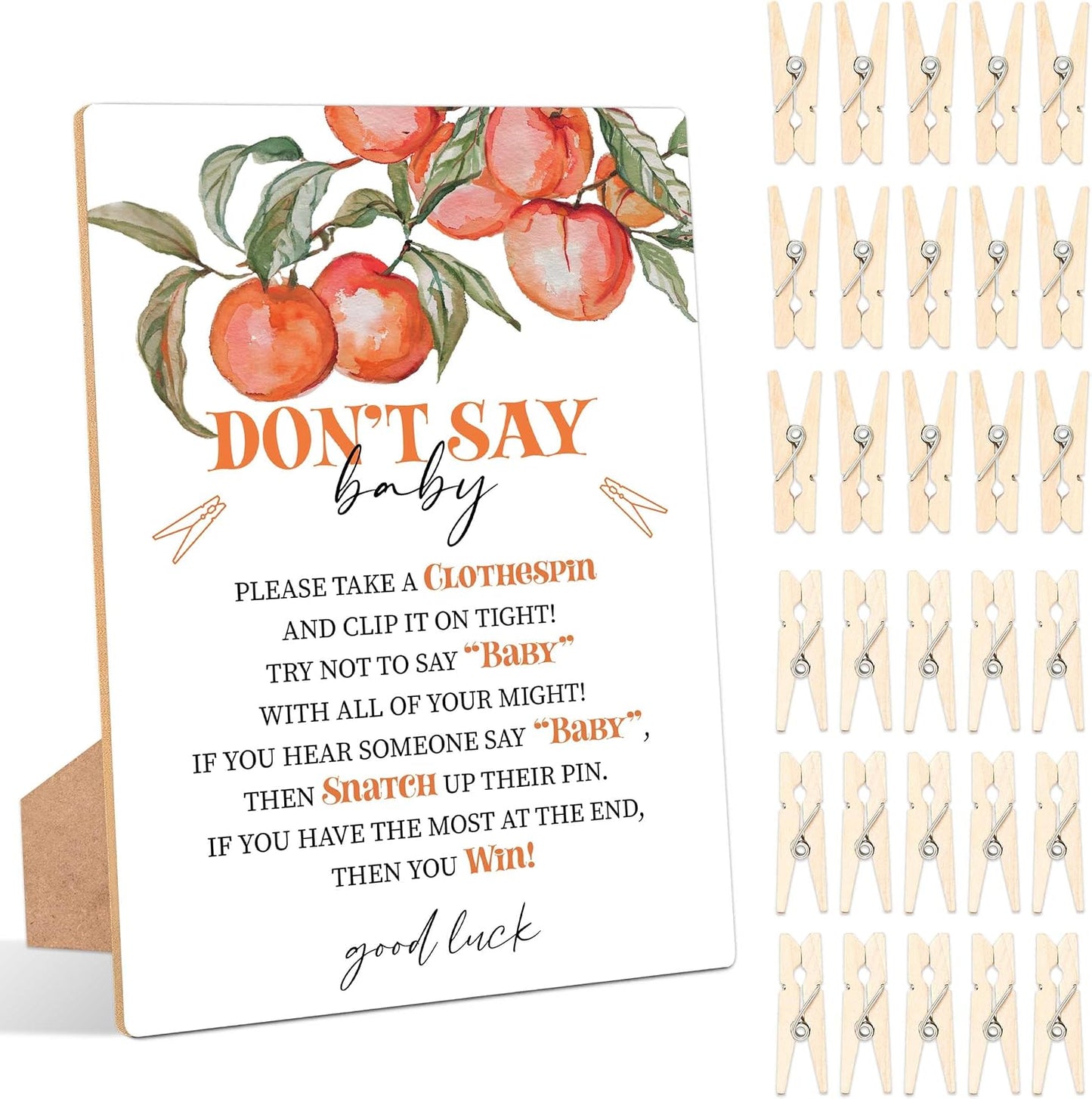 Peach Don't Say Baby Clothespin Game, Pack of 1 Wooden Tabletop Sign with Stand and 50 Mini Natural Clothespins, Sweet Peach Baby Shower Game, Gender Reveal Party Decorations - QX15