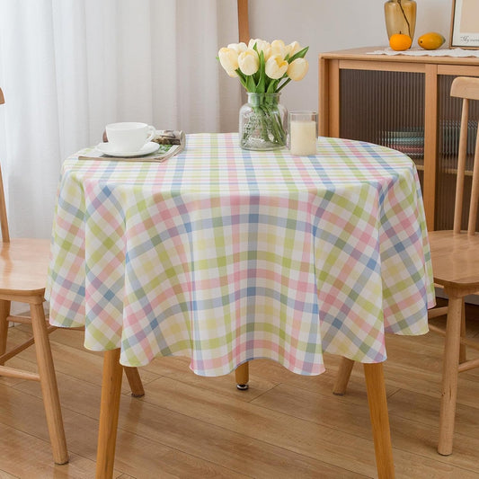 Easter 60 Inch Round Tablecloth Spring Pink Green Blue White Pastel Buffalo Check Plaid Rustic Table Cloth - Polyester Table Cover Reusable Water Resistant for Summer Holiday Party Picnic Décor