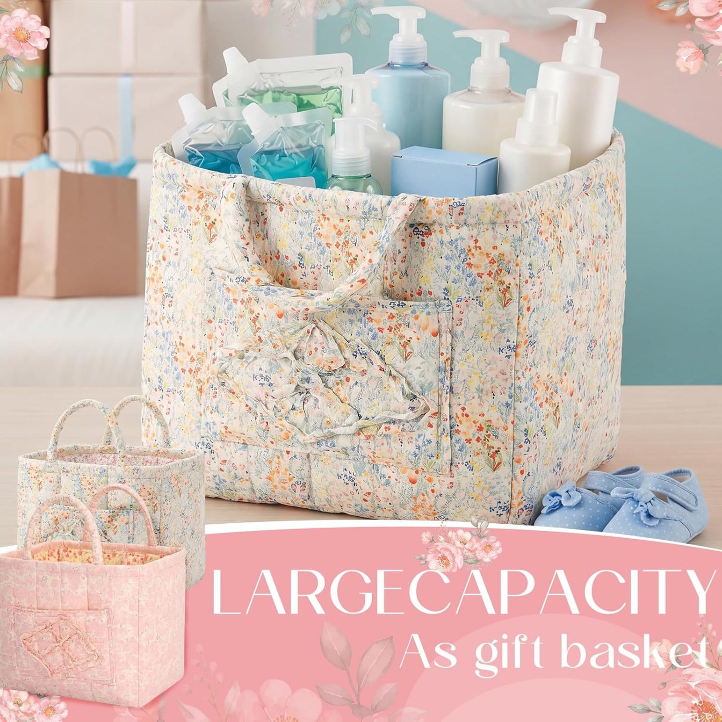 2 Pcs Quilted Fabric Storage Basket with Handles 13"x11"x10.6" Boho Foldable Laundry Organizer Bin for Home Picnic Shopping Travel (Pink,Flower)