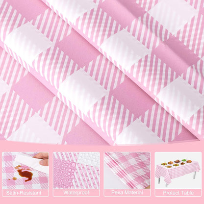 NatNarr 12 Pack Pink Gingham Tablecloths, 54 X 108Inch Scalloped Pink and White Checkered Table Cloth, Disposable Party Table Covers for Wedding Picnic Birthday Baby Bridal Shower Anniversay