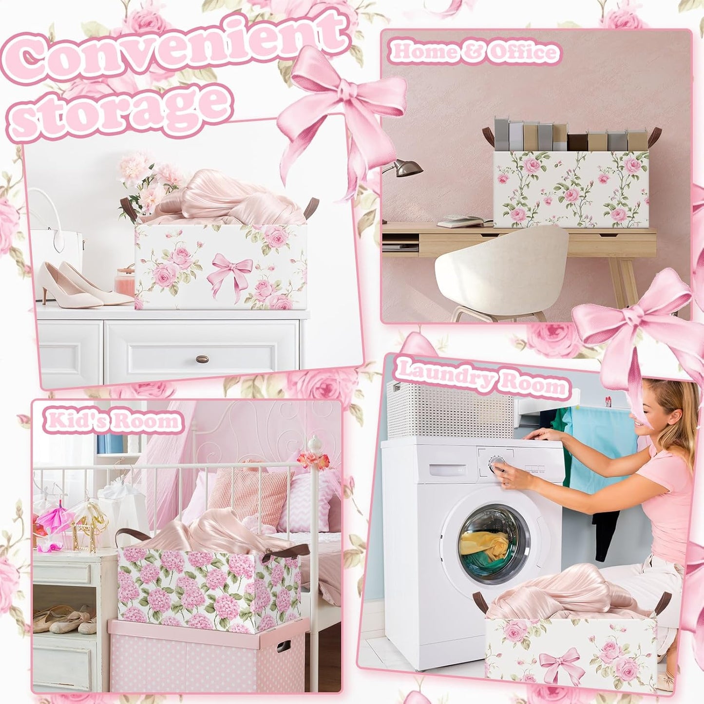 Boao Foldable Storage Baskets Dinosaur Easter Rabbit Classical Flowers Bow Laundry Basket with Handles Waterproof Storage Bins Fabric Shelf Baskets(15 x 11 x 8 Inches,Pink Floral,3 Pcs)