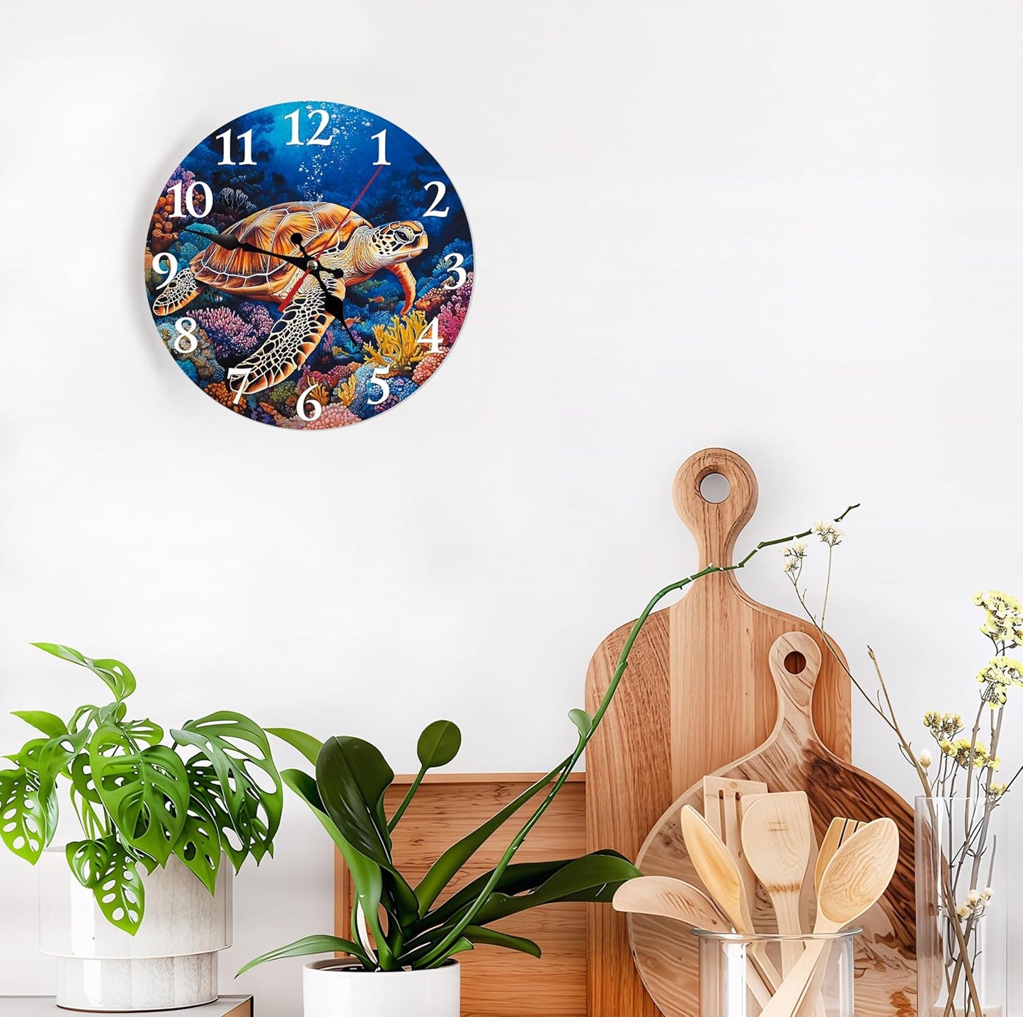 Silent Non Ticking Wall Clock 12 Inch, Turtle Coral Beach Ocean Round Wood Glare Free Clock, Battery Operated, Decorative Gift for Bathroom, Kitchen, Living Room, Bedroom, Nursery, Office