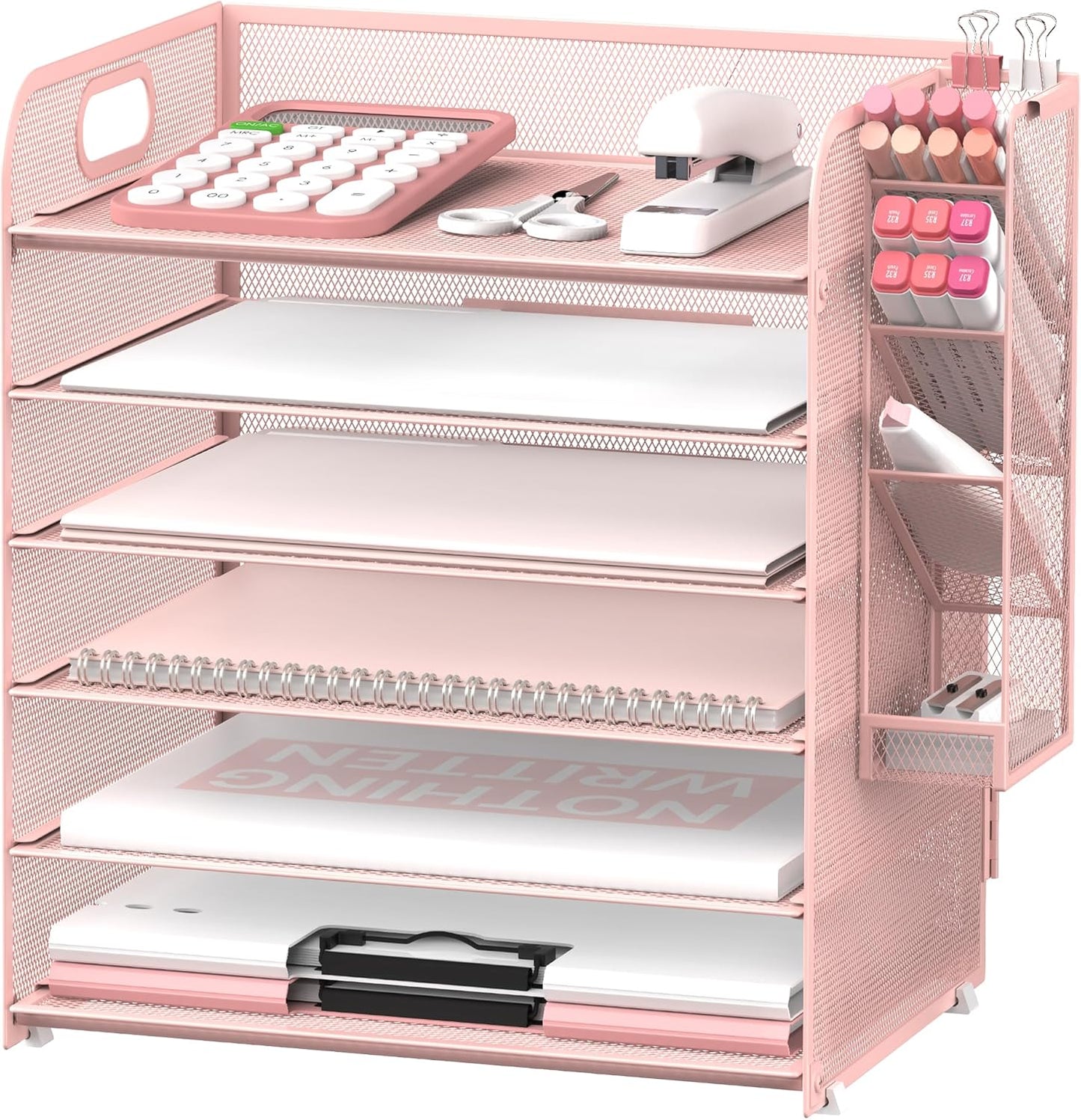 SUPEASY 6 Tier Desk Organizer with 4 Pen Holders, Mesh Paper Organizer Letter Tray with Handle, Desk Organizer Tray File Organizer for A4 File Folder, Rose Pink
