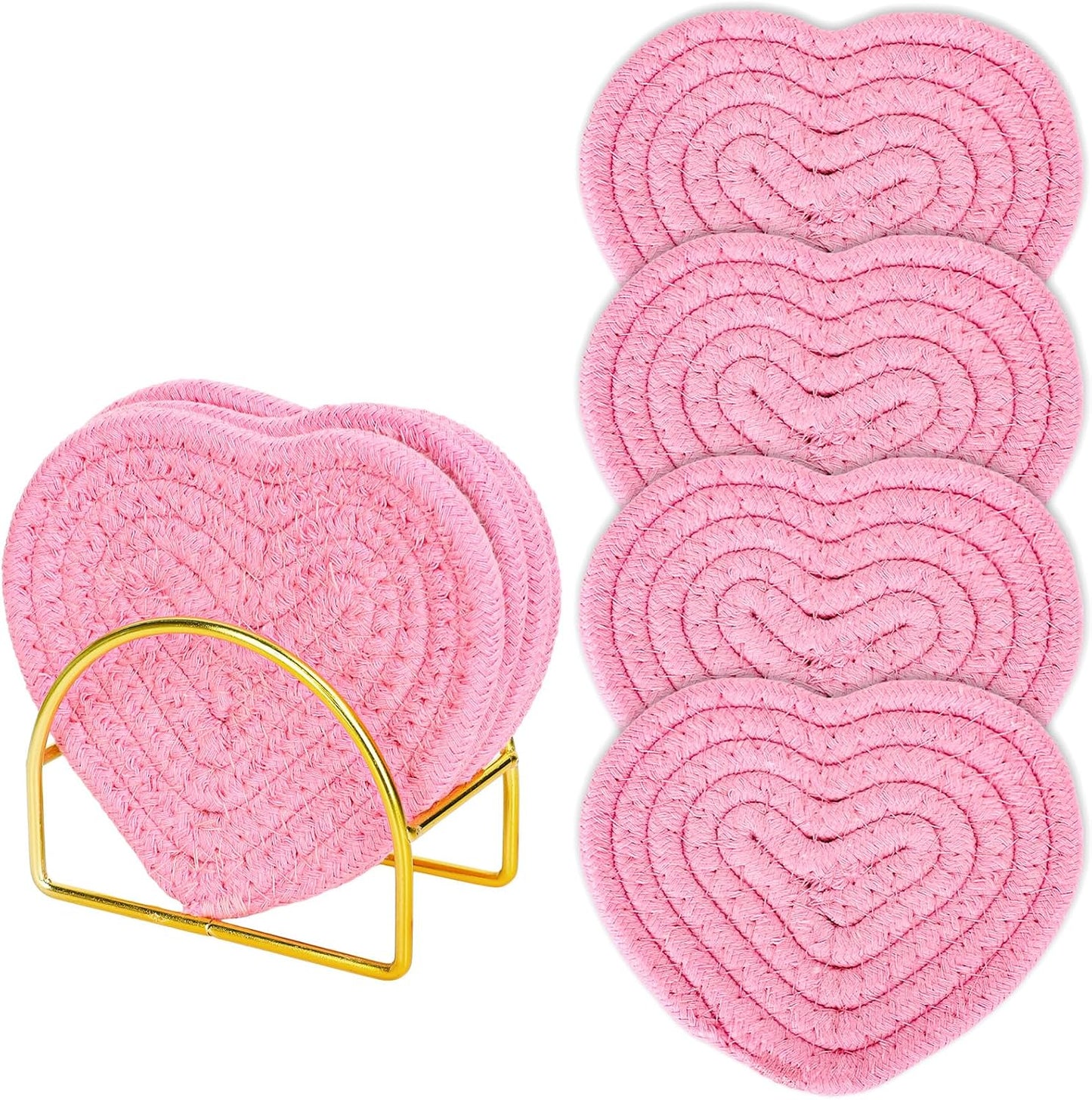 Whaline Valentine's Day Heart Coasters Pink Love Heart Shape Handmade Braided Cotton Drink Coasters Absorbent Cup Mats with Holder for Mother's Day Wedding Birthday Party Housewarming Gift, 4Pcs