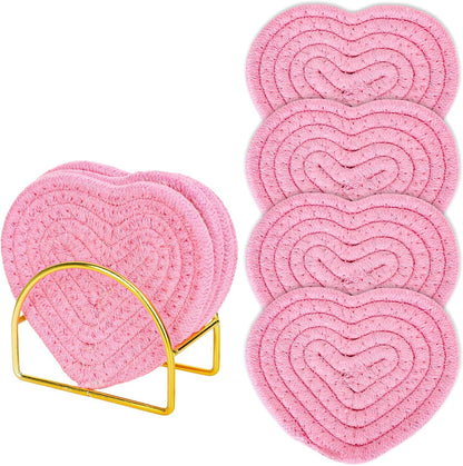 Whaline Valentine's Day Heart Coasters Pink Love Heart Shape Handmade Braided Cotton Drink Coasters Absorbent Cup Mats with Holder for Mother's Day Wedding Birthday Party Housewarming Gift, 4Pcs