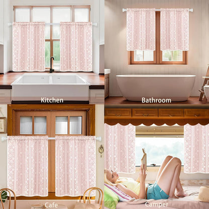 ASPMIZ Linen Pink Kitchen Tier Curtains 36 Inch Length, Double Layered Kitchen Curtain with Linen and Lace, Rod Pocket Window Curtains with Tiebacks, Boho Window Treatments for Bathroom Cafe, 2 Panel
