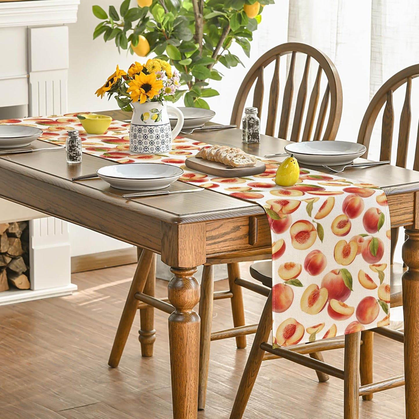 Artoid Mode Peach Leaves Fruit Spring Summer Table Runner, Seasonal Kitchen Dining Table Decoration for Home Party Decor 13x72 Inch