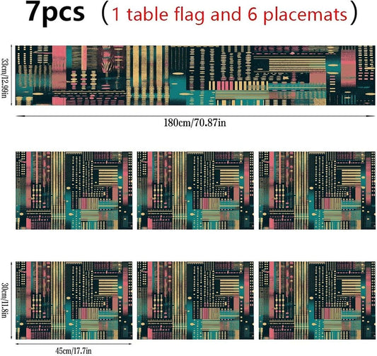 Peach Striped Pattern Placemats and Table Runner Set, Washable Linen Place Mats for Home Wedding Hotel Decoration (1 Table Runner and 6 Placemats)