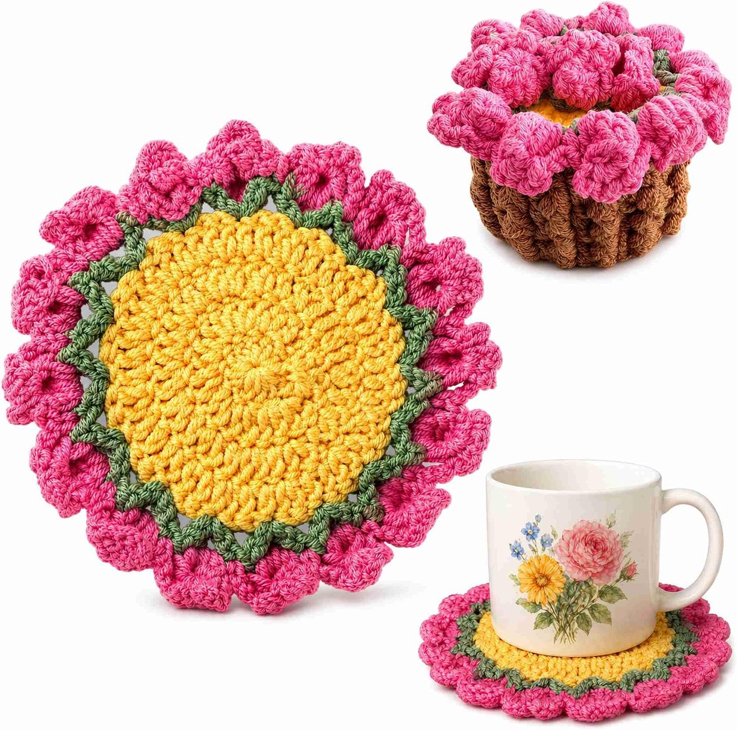 Crochet Flower Coaster, Cute Coasters for Desk, Pink Coasters for Office Desk, Spring Cup Coasters for Coffee Table, Crochet Flower Plants, Girly Desk Accessories Home Decor for Women