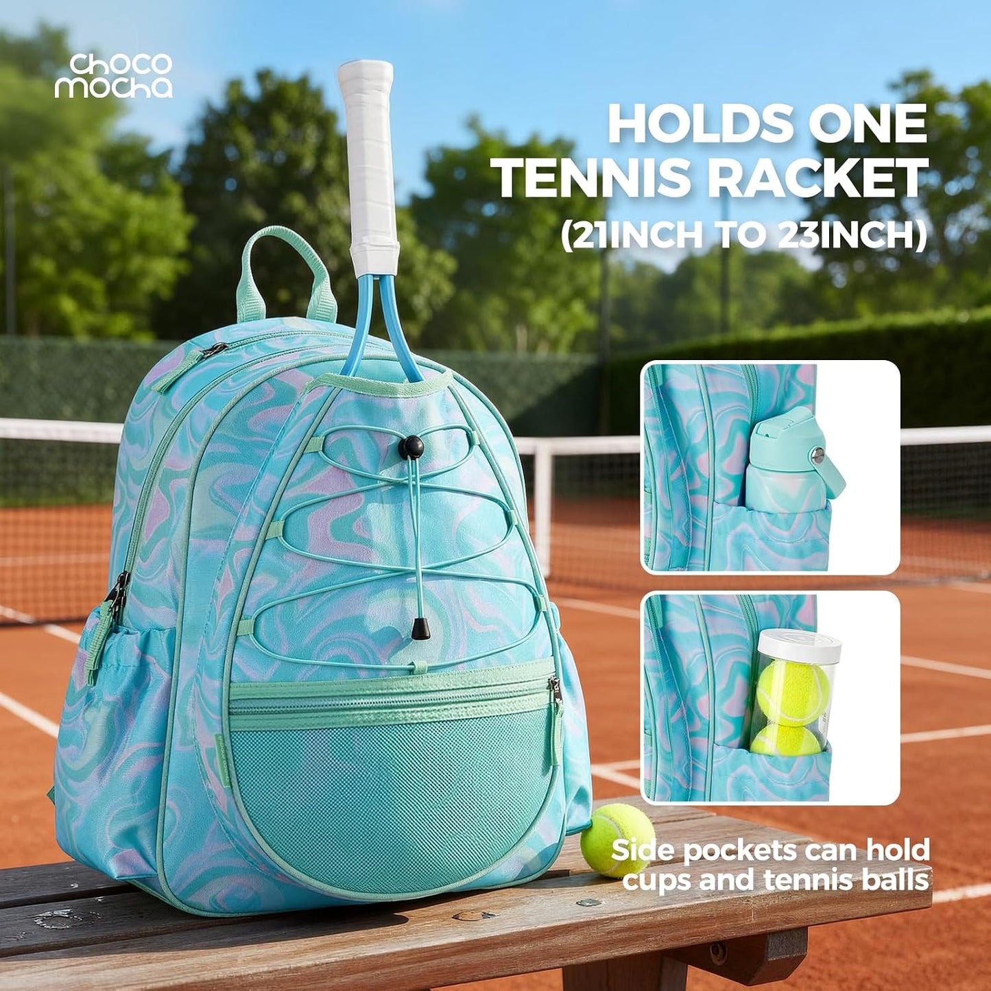 Choco Mocha Kids Tennis Bag, 16 Inch Youth & Junior Tennis Backpack with Shoe Compartment, Holds 2 Rackets (21–23 Inch)
