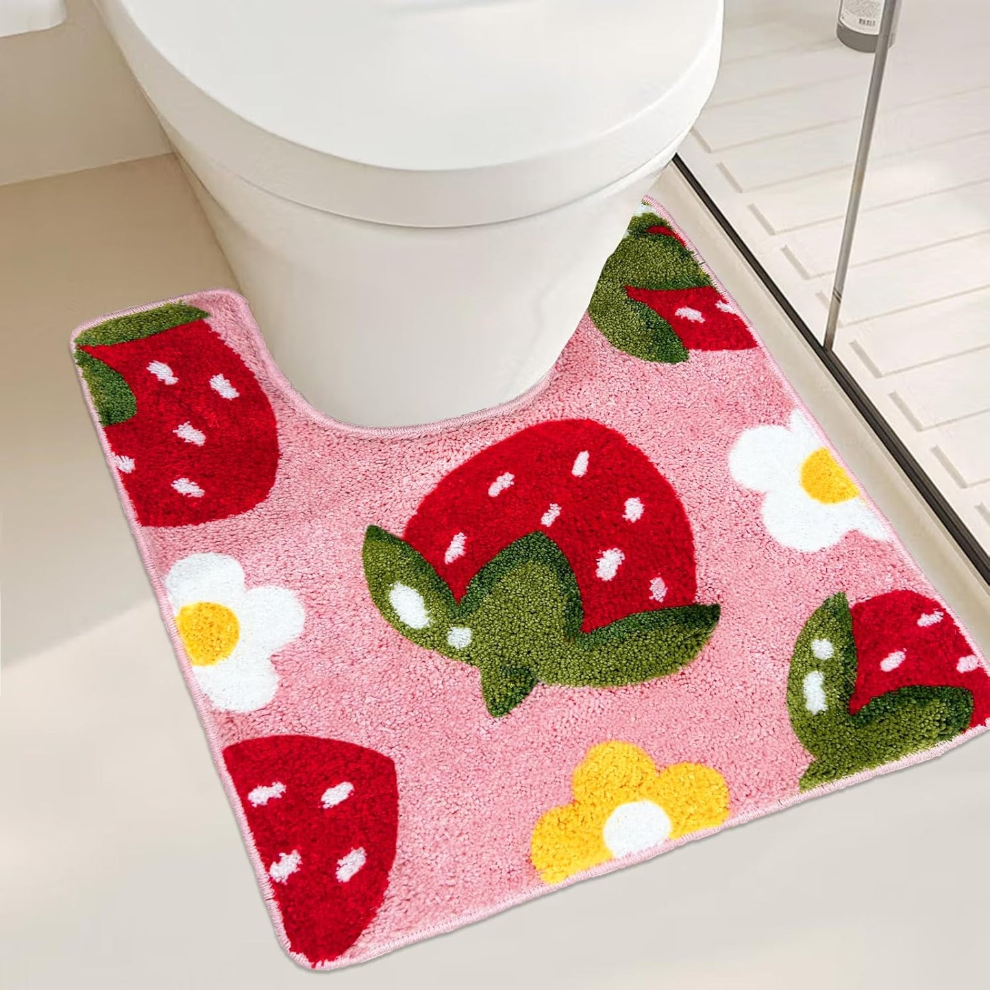 Strawberry Toilet Rug U Shaped Non Slip Washable Pink Absorbent Decor Fun Mat 24x20
