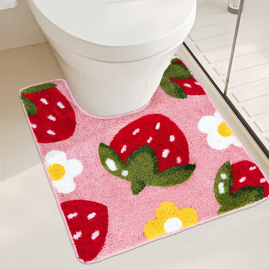 Strawberry Toilet Rug U Shaped Non Slip Washable Pink Absorbent Decor Fun Mat 24x20