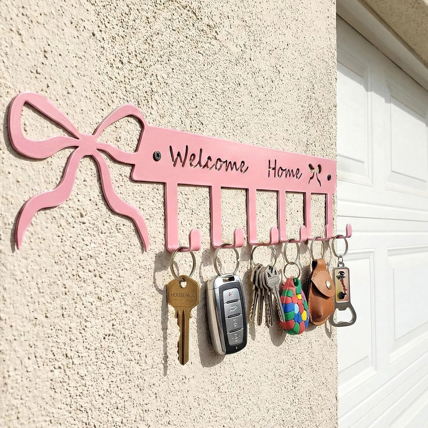 Novabright Pink Bow Welcome Home Key Hook for Wall Pink Bathroom Decor Cute Bow Towel Hooks Coquette Welcome Home Sign Key Holder Wall Mounted Racks 6 Coat Hanger for Bedroom Kitchen Entryway