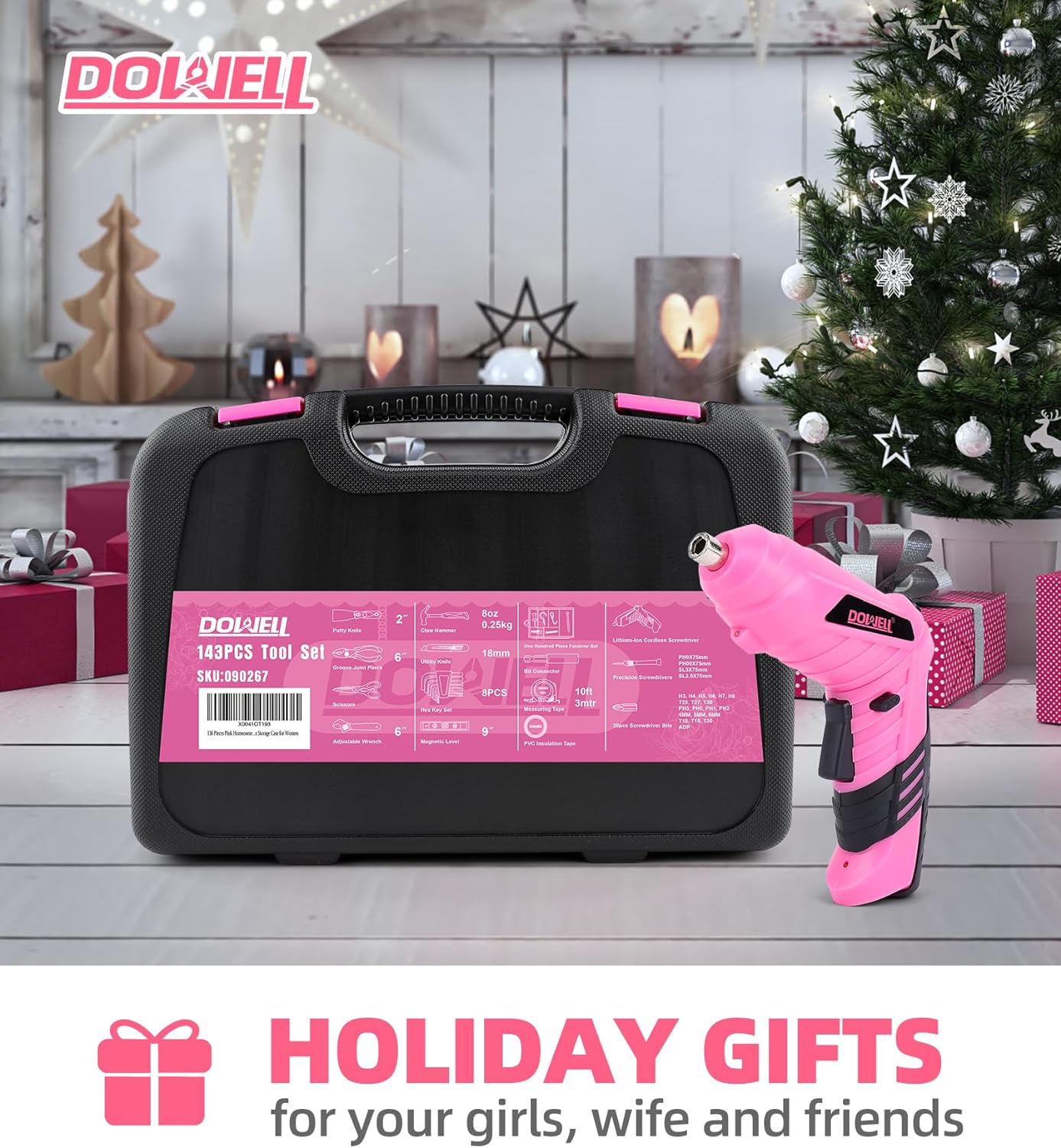 143 Pcs Pink Homeowner Tool Set with 3.6V Cordless Screwdriver General Household Hand Tool Kit with Plastic Tool box Storage Case for Women,Men