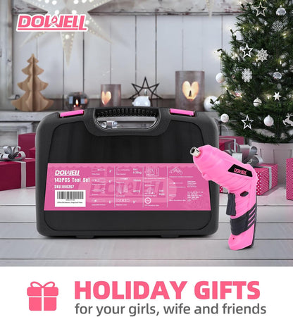 143 Pcs Pink Homeowner Tool Set with 3.6V Cordless Screwdriver General Household Hand Tool Kit with Plastic Tool box Storage Case for Women,Men