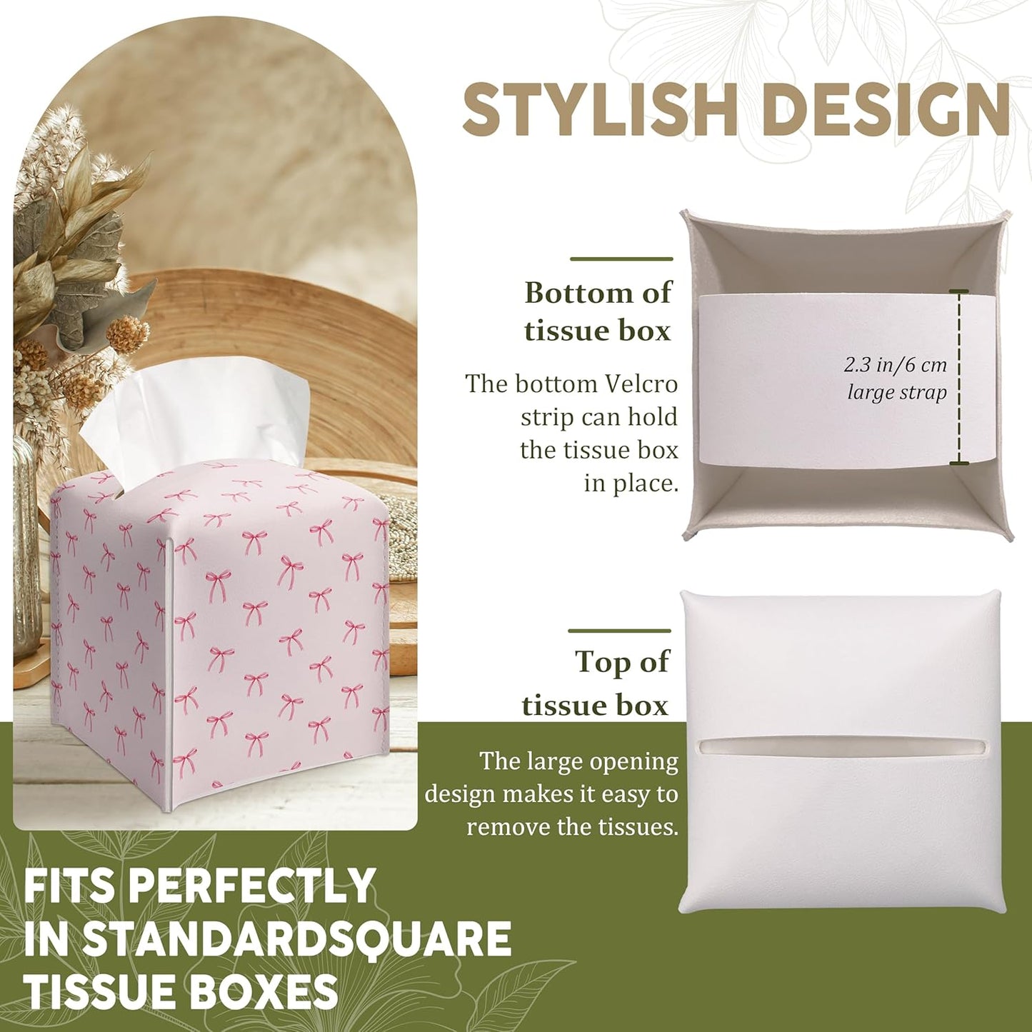 Cute Preppy Pink Ribbon Bow Decorative Leather Tissue Box Cover - Tissue Box Holder Gifts for Women Family and Friends Funny Unique Home Decor Decorative for Kids Room Kitchen Bathroom Office - A26
