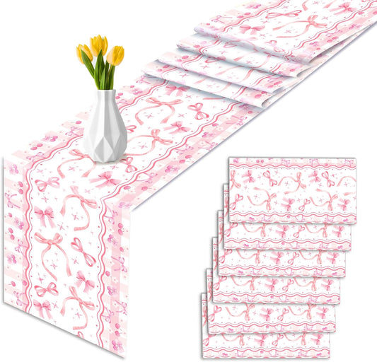6 Pieces Pink Bow Table Runners 14 x 108 Inches Disposable Coquette Pattern Table Runner for Tea Party Birthday Baby Shower Wedding Valentine's Day Holiday Kitchen Dining Table Decor Party Supplies