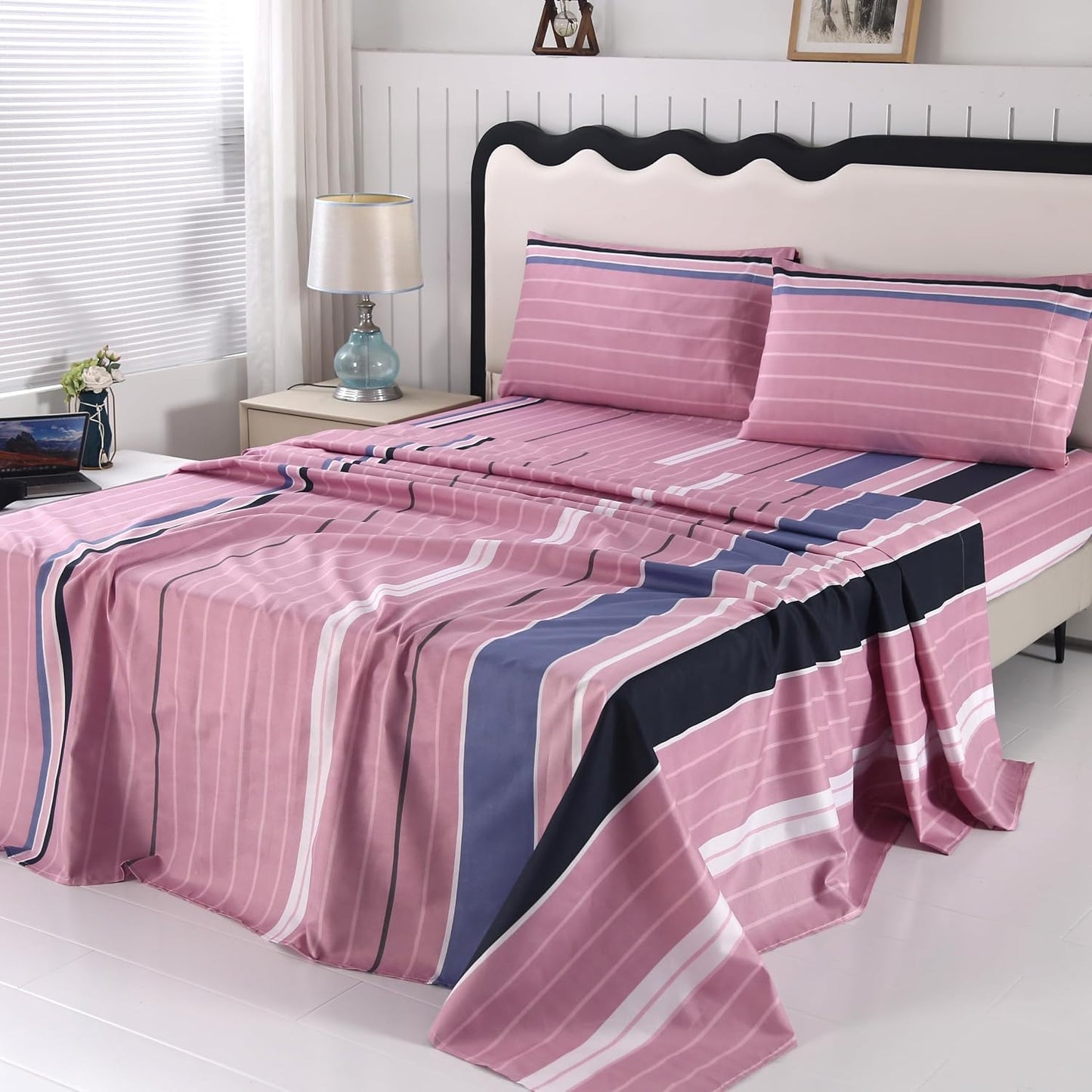 SDIII 4 Pieces Pink Striped Full Sheets Set, Soft Microfiber Striped Sheets Full Size Deep Pocket, Hot Pink Stripe Bed Sheet All Season