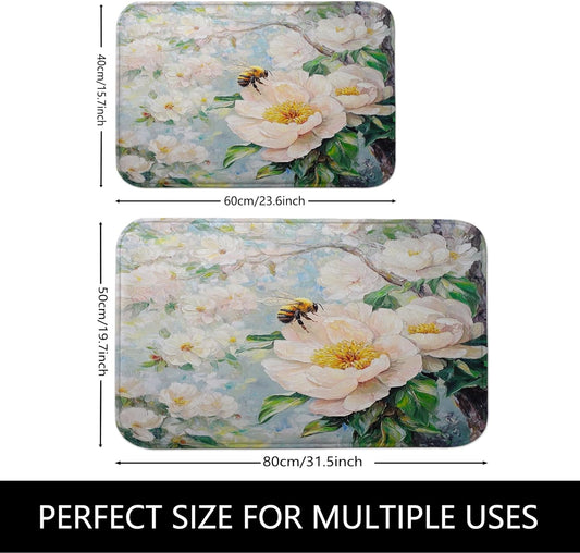 Vintage Floral Quick Dry Bath Mat, Peach Peony Absorbent Non Slip Shower Mat, Spring Decorative Washable Bathroom Rugs 20x32 Inch
