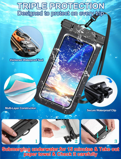 Famoby 3 Pack Multicolor Waterproof Phone Pouch, Cell Phone Waterproof Case Dry Bag,Protection Level: IP68,Beach Cruise for iPhone,Samsung,and More,Lanyard Included,(Fits Up to 8.3"),Black,Blue,Pink