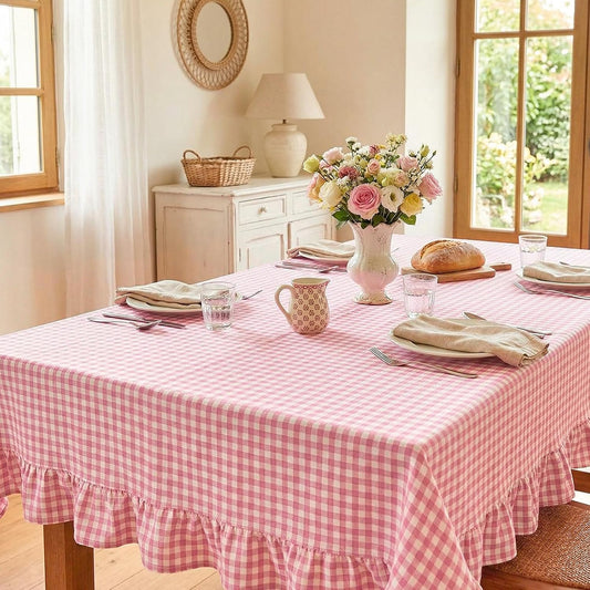 Mindsoft Plaid Ruffled Table Cloth Cotton Linen Fabric Checkered Gingham Tablecloth Farmhouse Vintage Buffalo Plaid Decorative Table Cover for Dining Room Party(52 x 70 Inches,Light Pink)