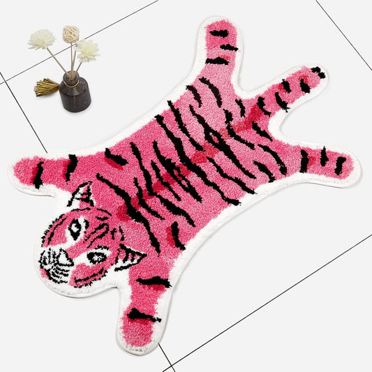 Tiger Shaped Rug Bath Mat Pink Tiger Bathroom Rugs Non-Slip Door Mat Animals Printed Carpet Small Home Decor Mat Playmat Shower Rug, 33.5x21.6inch