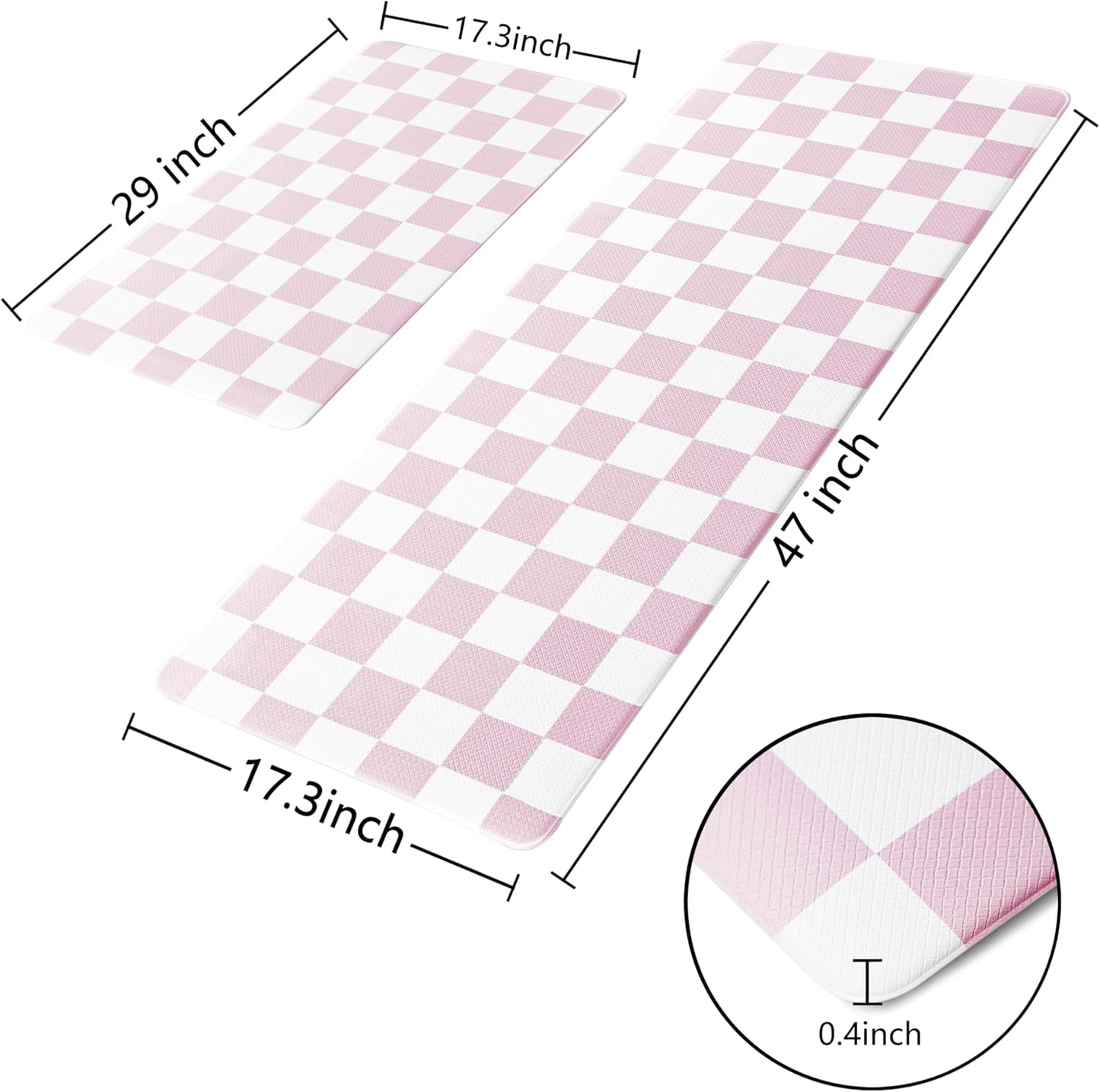 Pink Checkered Grid Checkerboard Kitchen Rug Sets [2 PCs], Anti-Fatigue, Waterproof Non-Slip Kitchen Mats Heavy Duty Ergonomic Comfort Foam Rug for Floor, Home, Laundry,Easter 17"x29"+17"x47"