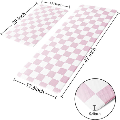Pink Checkered Grid Checkerboard Kitchen Rug Sets [2 PCs], Anti-Fatigue, Waterproof Non-Slip Kitchen Mats Heavy Duty Ergonomic Comfort Foam Rug for Floor, Home, Laundry,Easter 17"x29"+17"x47"