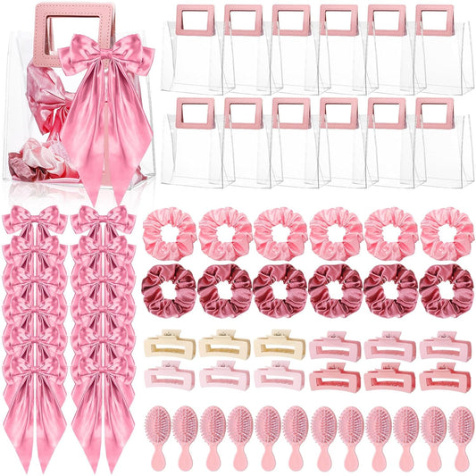 Suncalla 60 Pcs Pink Sleepover Party Supplies for Girls Spa Party Favors for 12 Guests Scrunchies Hair Brush Claw Clips Bow Ribbon Clips Clear Gift Bags for Slumber Bachelorette Bridesmaid Birthday