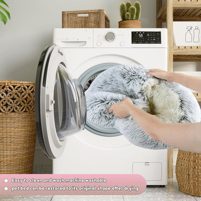 SUOXU Anti-Anxiety Cat Bed, Plush Hooded Cave, 20 in Diameter, Suitable for Small to Medium Pets, Pink