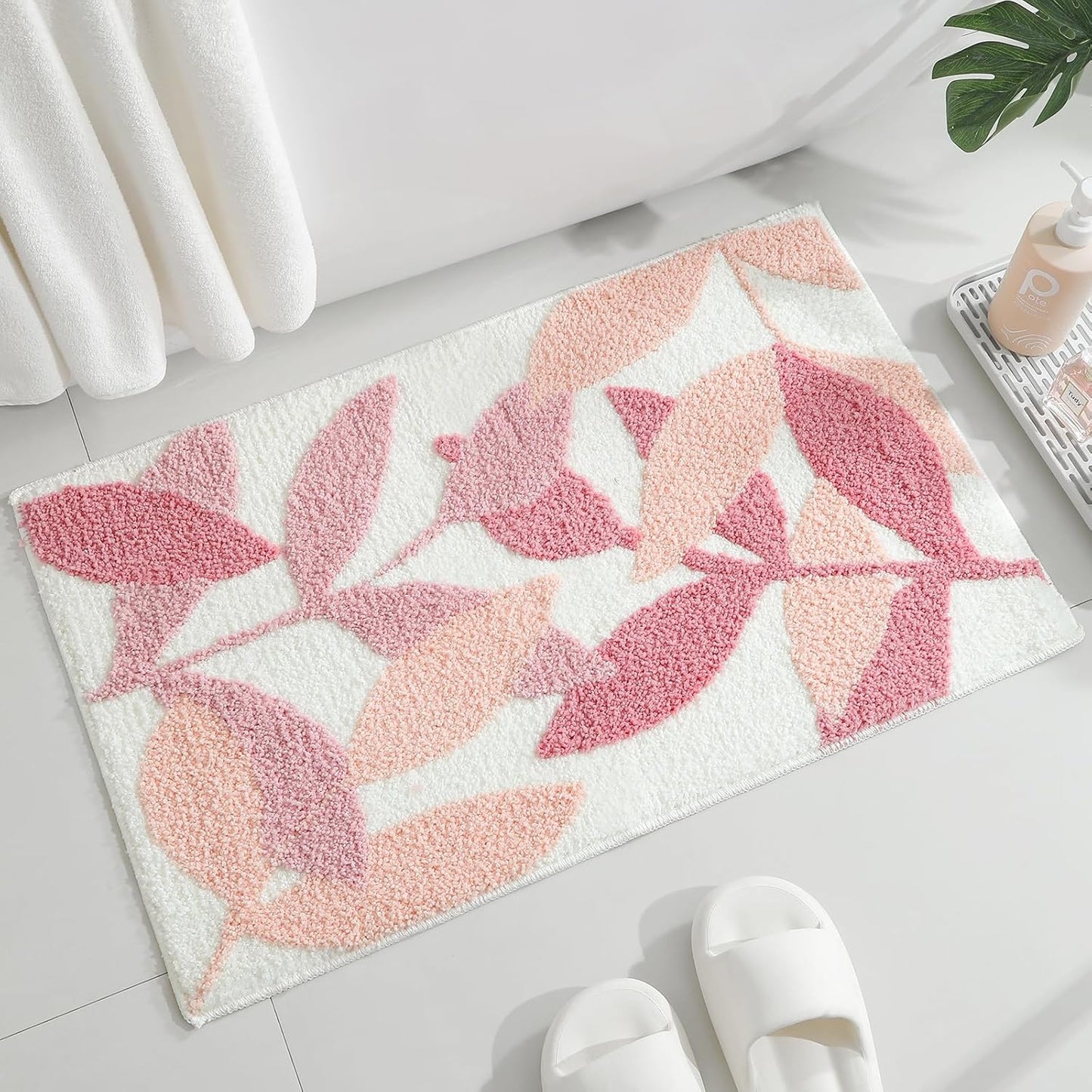 Gibelle Pink Bathroom Rug, Non-Slip Strong Water Absorbent Plush Microfiber Bath Mat, Machine Washable Small Bathroom Floor Mat, Cute Leaves Bathmat Indoor Doormat, 18"x26"