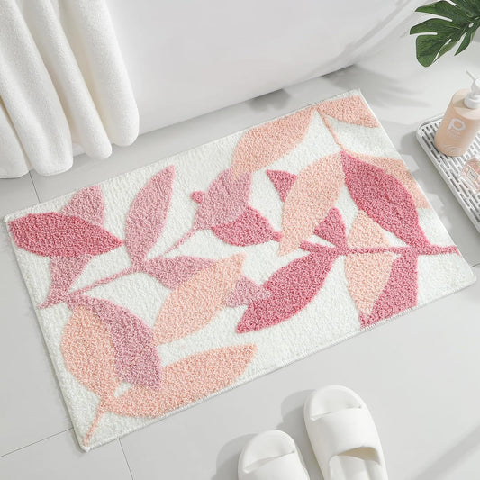 Gibelle Pink Bathroom Rug, Non-Slip Strong Water Absorbent Plush Microfiber Bath Mat, Machine Washable Small Bathroom Floor Mat, Cute Leaves Bathmat Indoor Doormat, 18"x26"