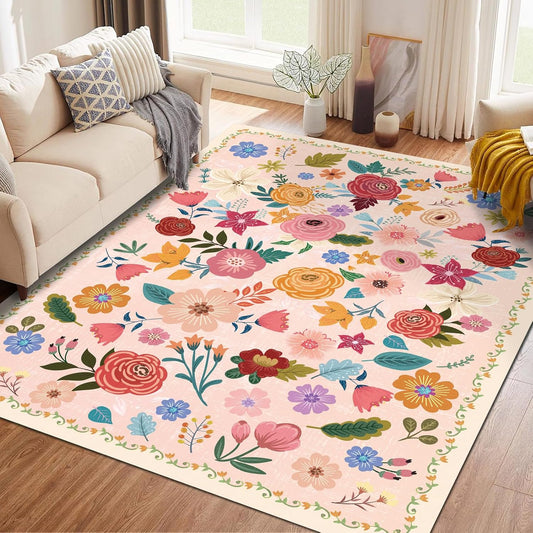 Washable Hot Pink Area Rug 5'×7' Light PinkBoho Large Living Room Rug Floral Non-Slip Soft Oriental Vintage Color Bedroom Carpet Dining Room Nursery Home Office Indoor Decor