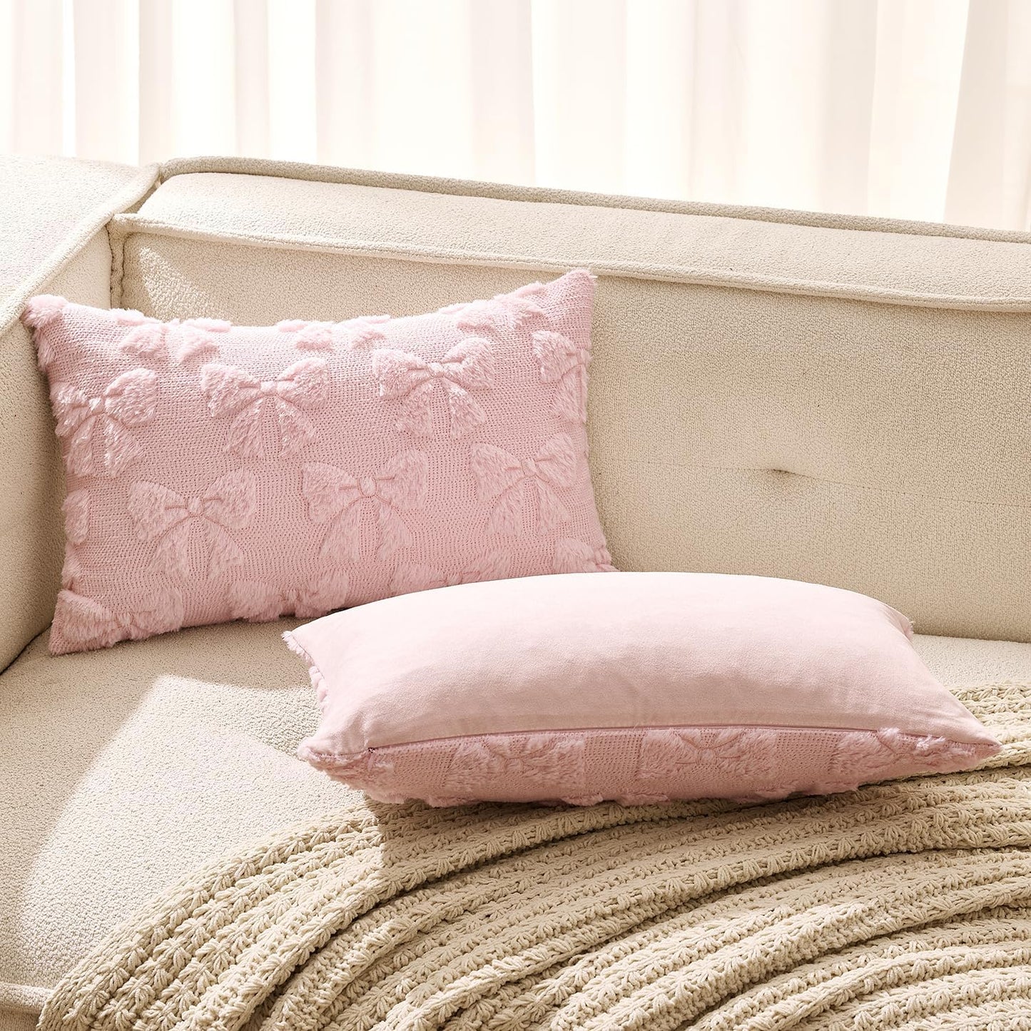 MIULEE Light Pink Bow Pillow Covers Coquette Room Decor Aesthetic Set of 2 Spring Decorative Cute Girl Soft Plush Faux Pillowcase for Preppy Room Decor Bedroom Couch,12x20 Inch