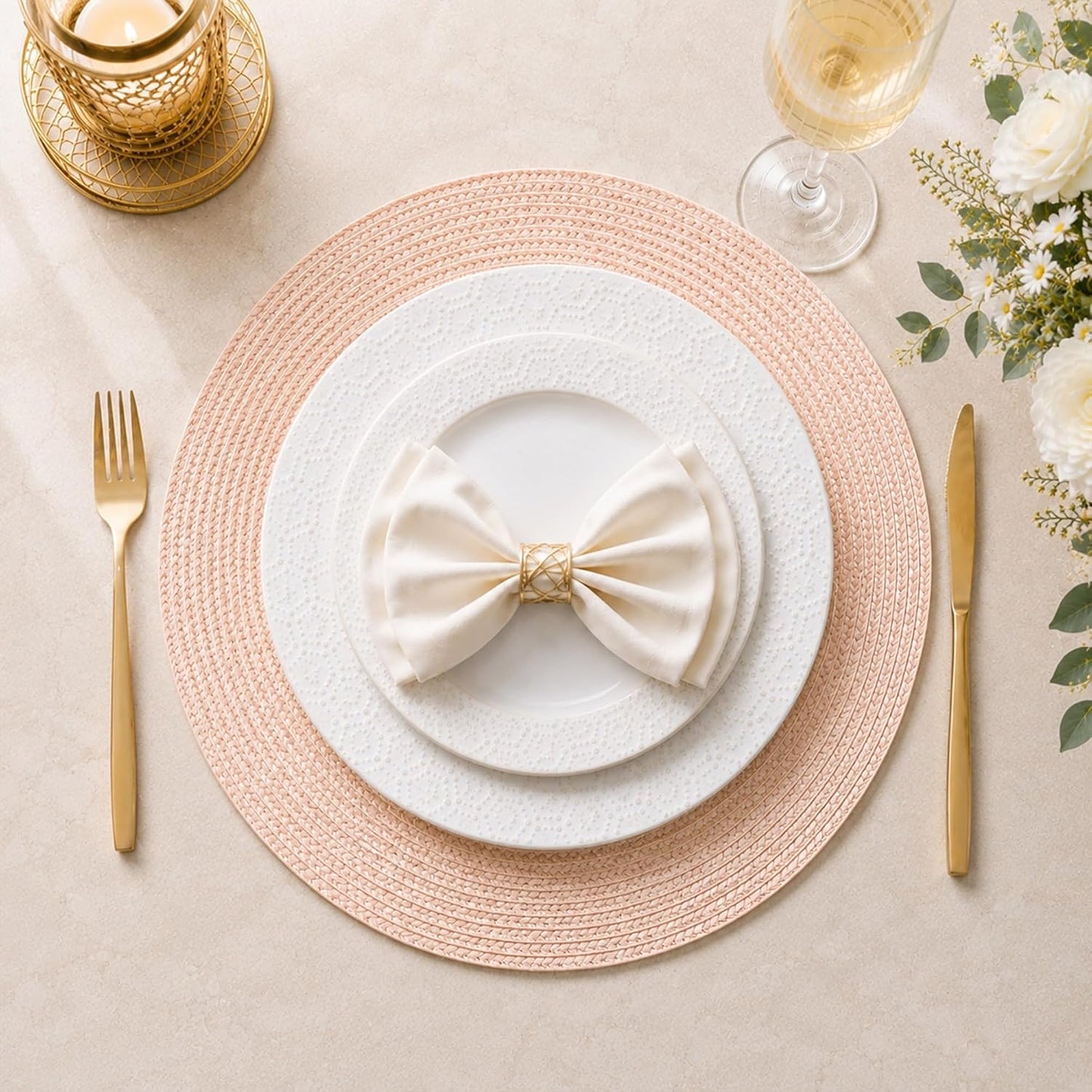 Feuille Round Braided Placemats Set of 4 14 Inch Dusty Pink Woven Placemats for Dining Table Washable Non-Slip Table Mats for Kitchen Farmhouse and Indoor Outdoor Dining