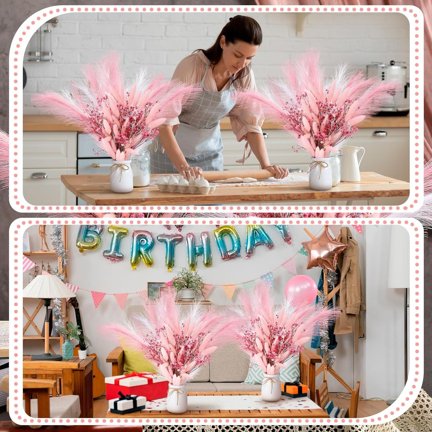 Geelin 2 Set Pink Flowers Artificial Faux Pampas Grass Gypsophila Decor Silk Pink Bunny Tails Dried and Baby Breath Flowers with White Vase Bouquets for Home Wedding Coquette Party Table Centerpieces