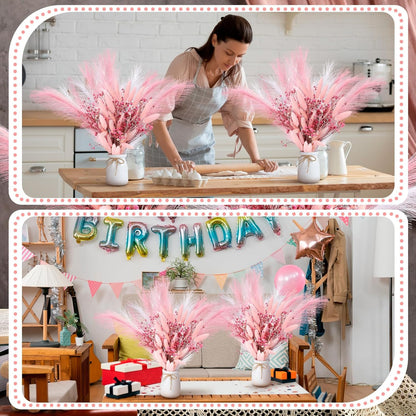 Geelin 2 Set Pink Flowers Artificial Faux Pampas Grass Gypsophila Decor Silk Pink Bunny Tails Dried and Baby Breath Flowers with White Vase Bouquets for Home Wedding Coquette Party Table Centerpieces